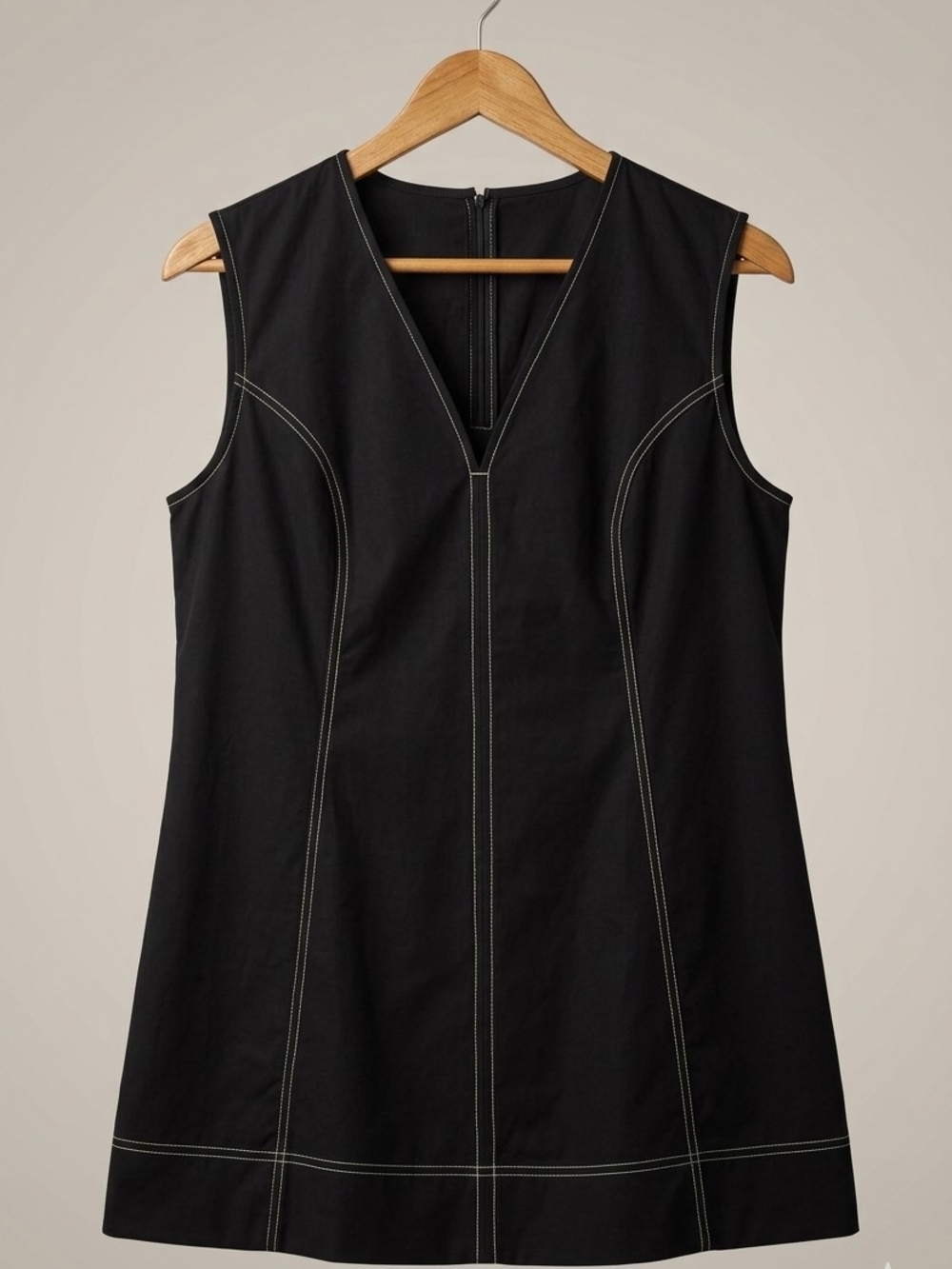 NWT Sleeveless Black V-Neck Shift Dress with Contrast Stitching  (0065)